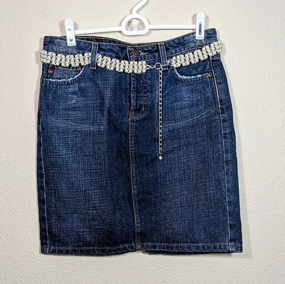 Denim Mini Skirt with Pearl Bead and Silver Belt - Picture 2 of 7